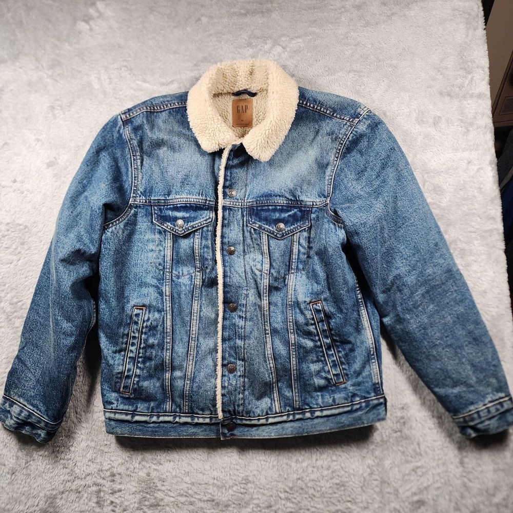 Gap Jacket Mens Medium Blue Sherpa Lined Denim Bomber Fleece Workwear Western